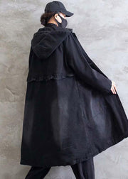 Women Plus Size Overcoat Denim Black Hooded Ruffles Outwear - SooLinen