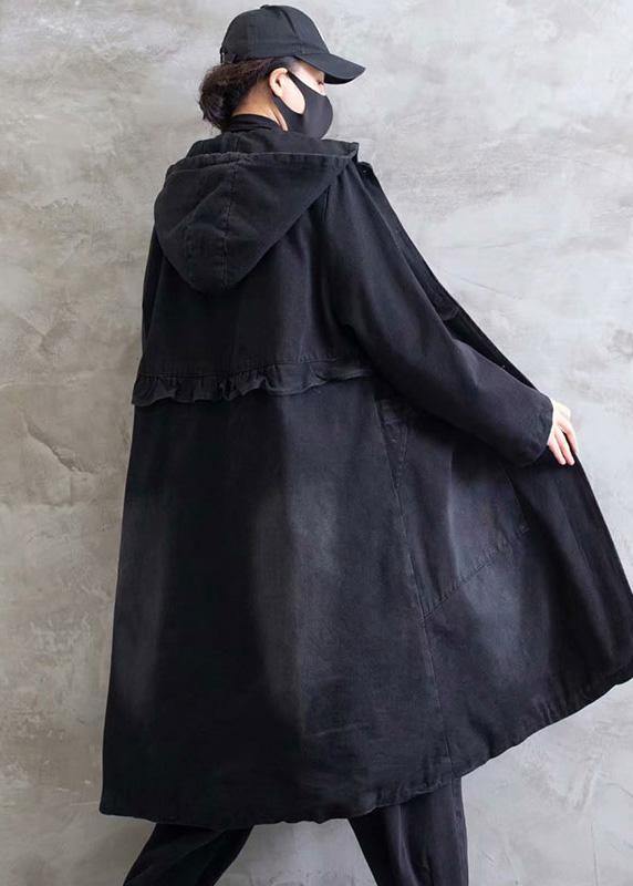 Women Plus Size Overcoat Denim Black Hooded Ruffles Outwear - SooLinen