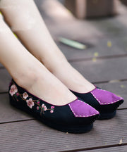 Women Pointed Toe Flat Shoes For Women Black Cotton Fabric Embroideried Splicing Flats