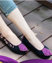 Women Pointed Toe Flat Shoes For Women Black Cotton Fabric Embroideried Splicing Flats