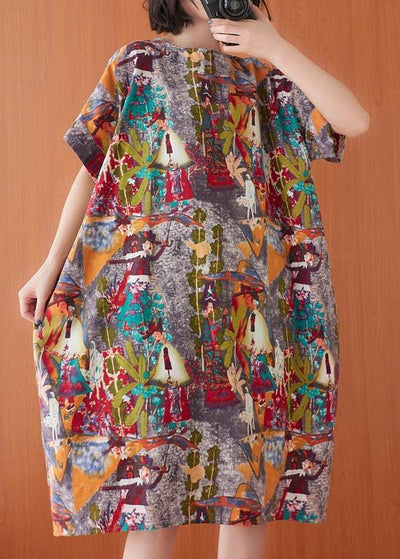 Women Print O-Neck Cotton Linen Party Dress Summer - SooLinen