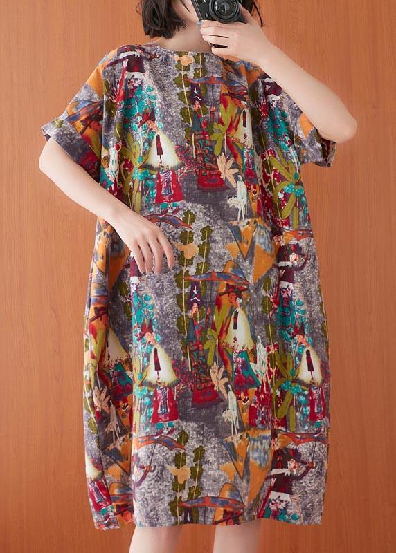 Women Print O-Neck Cotton Linen Party Dress Summer - SooLinen