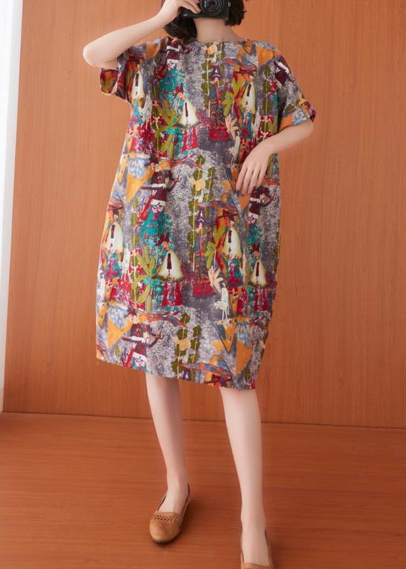 Women Print O-Neck Cotton Linen Party Dress Summer - SooLinen