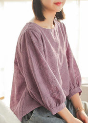 Women Purple Embroideried Lantern sleeve Asymmetrical design Cotton Blouse Top Summer - SooLinen