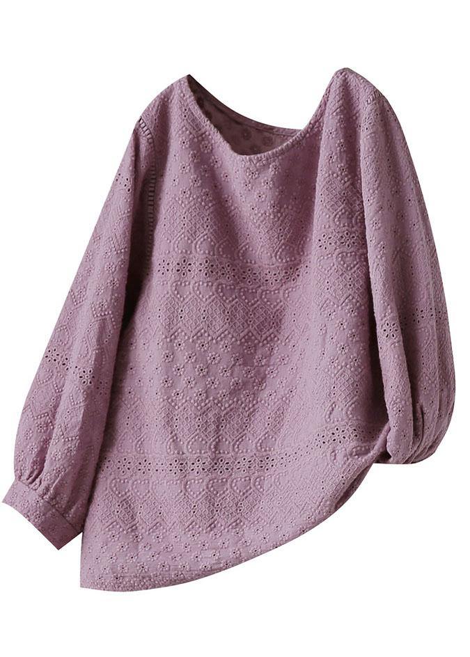 Women Purple Embroideried Lantern sleeve Asymmetrical design Cotton Blouse Top Summer - SooLinen