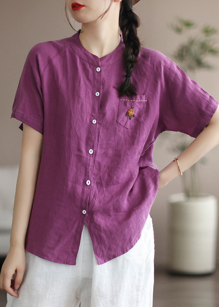 Women Purple Embroideried Pocket Linen Shirt Top Short Sleeve