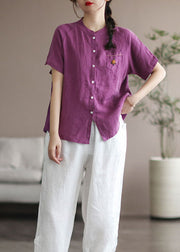 Women Purple Embroideried Pocket Linen Shirt Top Short Sleeve