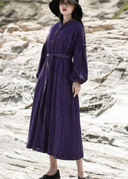 Women Purple Embroideried Pockets Corduroy Dress Spring