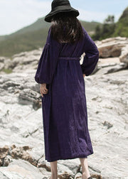 Women Purple Embroideried Pockets Corduroy Dress Spring