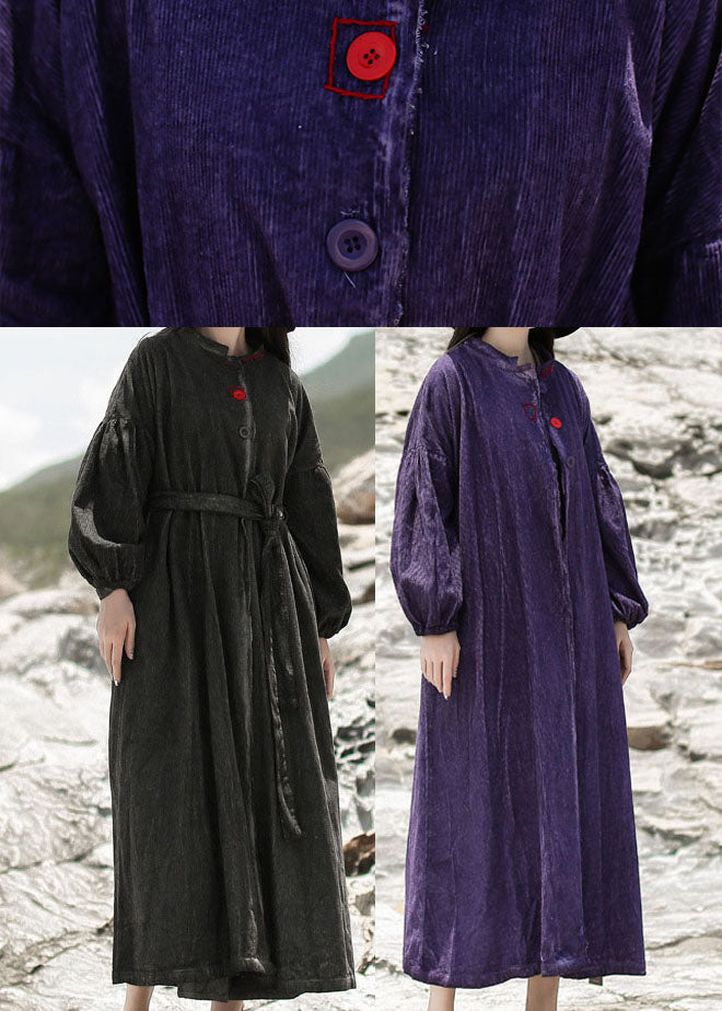 Women Purple Embroideried Pockets Corduroy Dress Spring