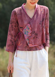 Women Purple Red Embroideried tie waist V Neck Patchwork Linen Tops Spring