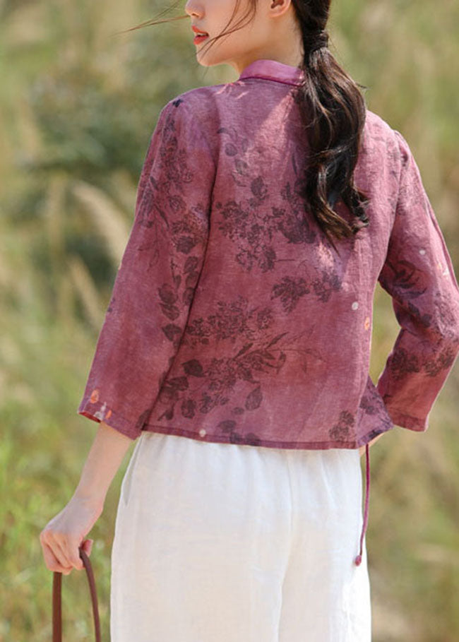 Women Purple Red Embroideried tie waist V Neck Patchwork Linen Tops Spring