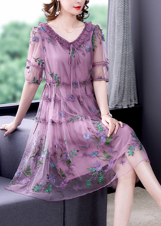 Frauen lila Rüschen Tüll Patchwork Chiffon A-Linie Kleid mit halben Ärmeln