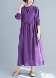 Women Purple Tunics Stand Collar Drawstring Spring Dress - SooLinen