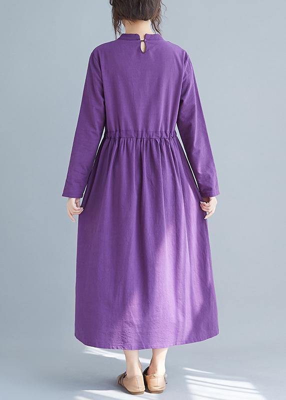 Women Purple Tunics Stand Collar Drawstring Spring Dress - SooLinen