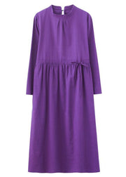 Women Purple Tunics Stand Collar Drawstring Spring Dress - SooLinen