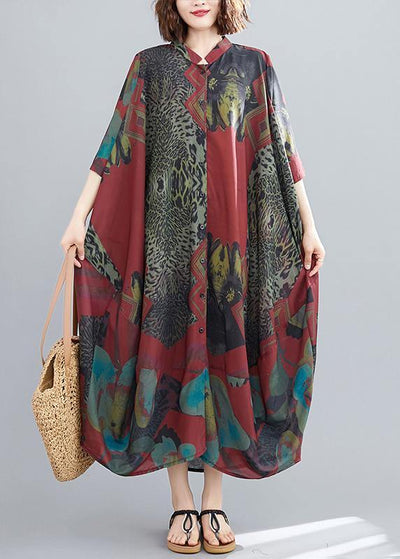 Women Red Abstract Pattern Tunic Stand Collar Maxi Summer Dresses - SooLinen