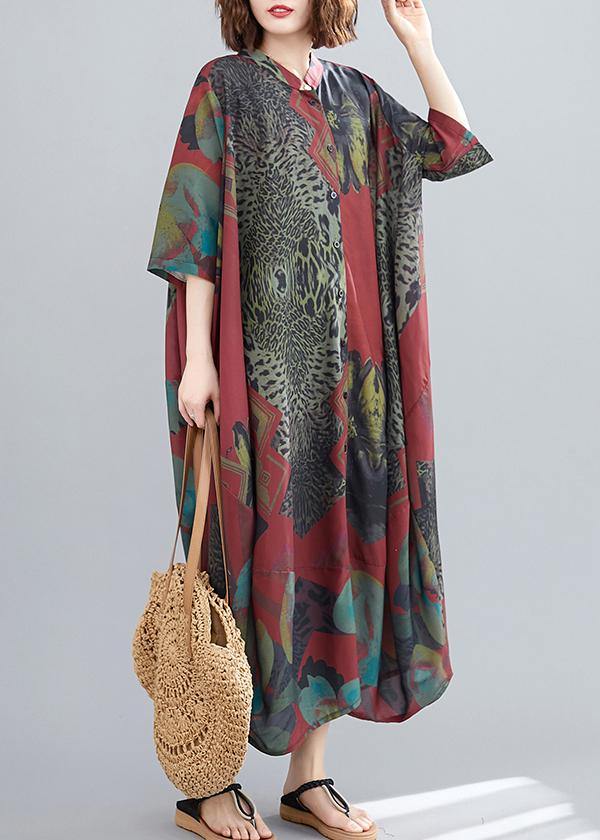 Women Red Abstract Pattern Tunic Stand Collar Maxi Summer Dresses - SooLinen