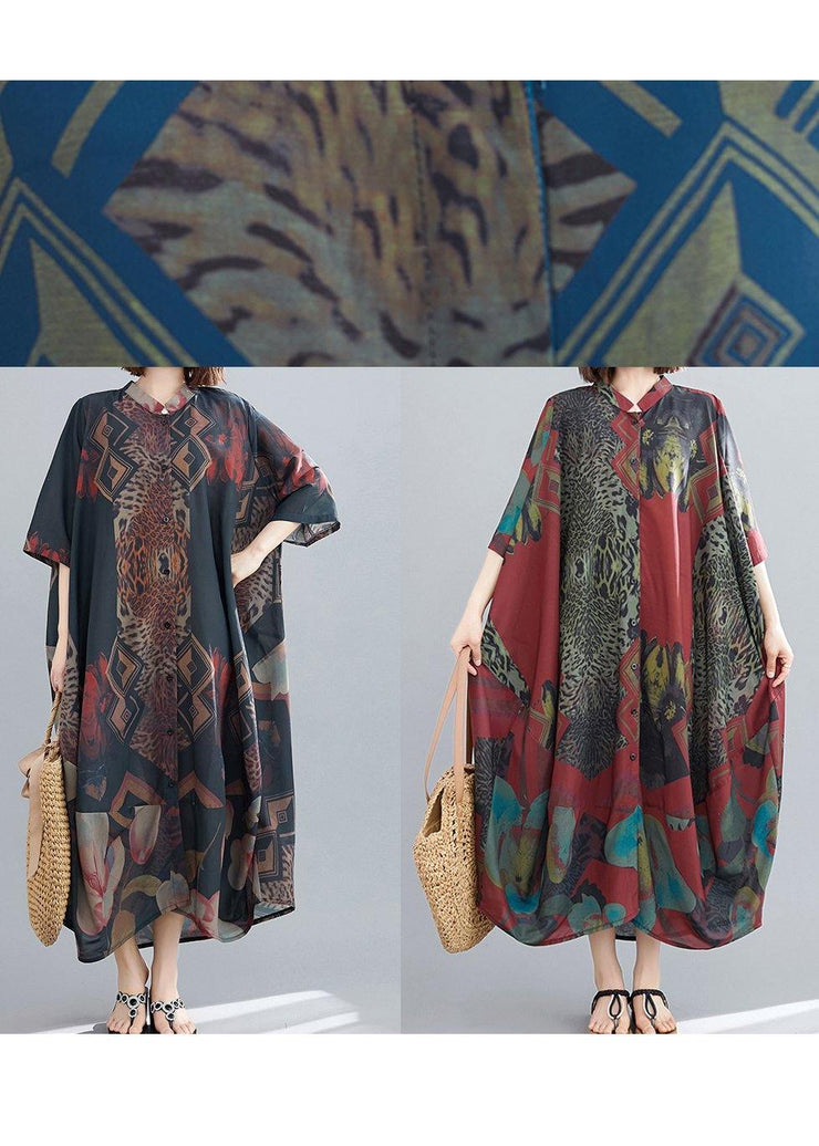 Women Red Abstract Pattern Tunic Stand Collar Maxi Summer Dresses - SooLinen