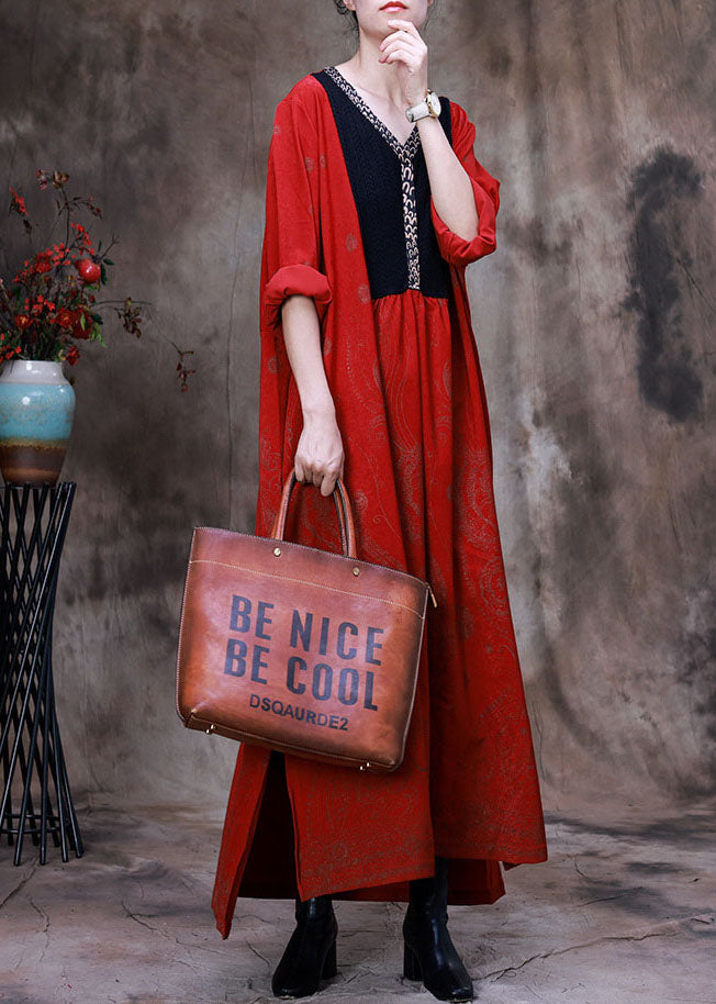 Women Red Asymmetrical Print Velour Robe Dresses Spring