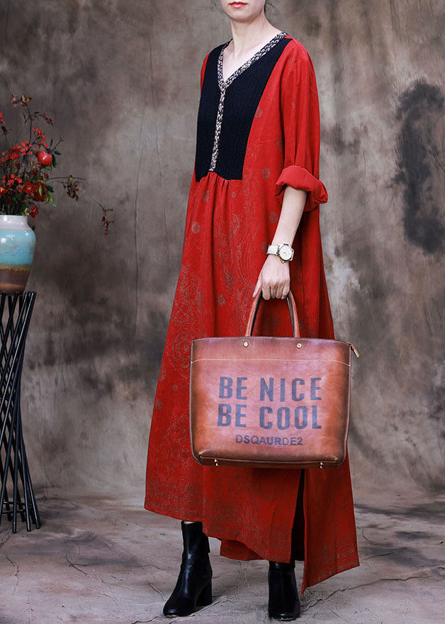 Women Red Asymmetrical Print Velour Robe Dresses Spring