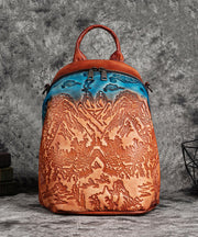 Women Red Brown Embossing Paitings Calf Leather Backpack Bag