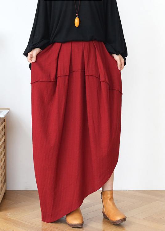 Women Red Elastic Waist Linen Skirt - SooLinen