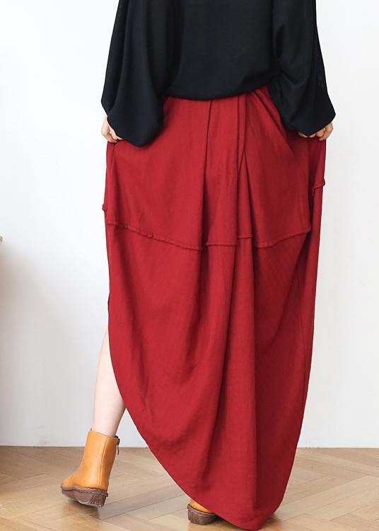 Women Red Elastic Waist Linen Skirt - SooLinen