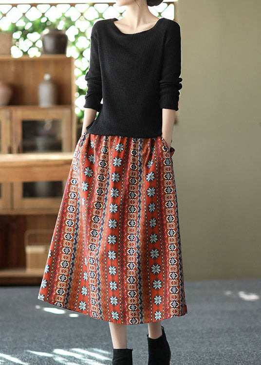 Women Red Elastic Waist Pockets Linen A Line Skirts Summer