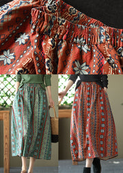 Women Red Elastic Waist Pockets Linen A Line Skirts Summer