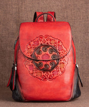 Women Red Embossing Paitings Calf Leather Backpack Bag