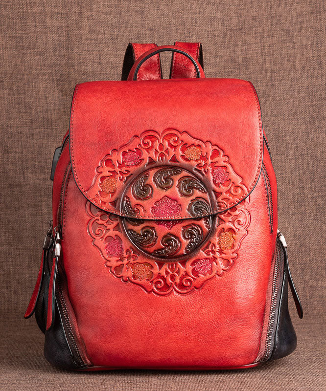 Women Red Embossing Paitings Calf Leather Backpack Bag