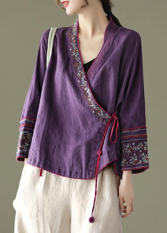 Women Red Embroideried Long sleeve Linen Shirt - SooLinen