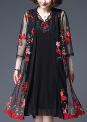 Women Red Floral Embroideried Tulle Cardigans And Tank Dress Two Piece Set Summer