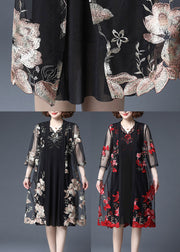 Women Red Floral Embroideried Tulle Cardigans And Tank Dress Two Piece Set Summer