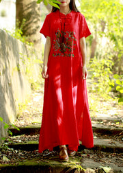 Women Red Mandarin Collar side open Embroideried Long Dress Short Sleeve