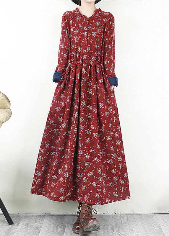 Women Red O-Neck Cinched Print Warm Fleece Long Dresses Long Sleeve