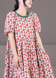 Women Red O-Neck Patchwork Print Cotton A Line Dress Short Sleeve