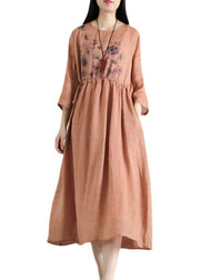 Women Red O-Neck drawstring Print Linen Dresses Long sleeve