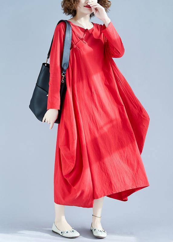 Women Red Outfit O Neck Asymmetric Robes Spring Dress - SooLinen