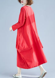 Women Red Outfit O Neck Asymmetric Robes Spring Dress - SooLinen