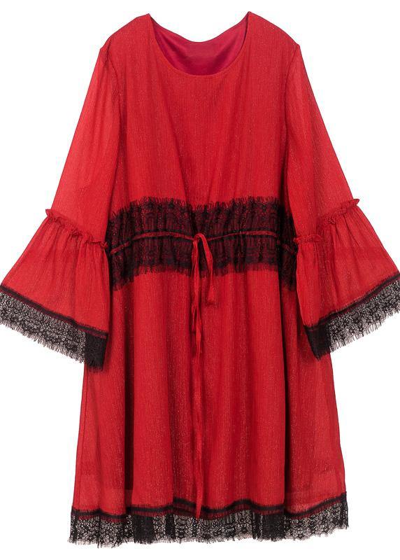 Women Red Patchwork Chiffon Lace Spring Dresses - SooLinen