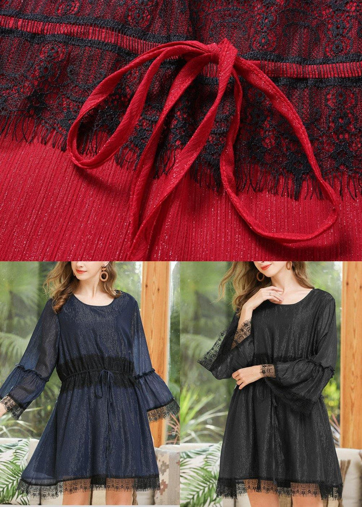 Women Red Patchwork Chiffon Lace Spring Dresses - SooLinen