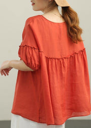 Women Red Patchwork Ruffled Cotton Summer Blouse Top - SooLinen