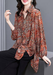 Women Red Peter Pan Collar Button Print Side Open Chiffon Shirt Tops Long sleeve