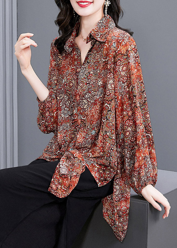 Women Red Peter Pan Collar Button Print Side Open Chiffon Shirt Tops Long sleeve