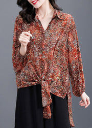 Women Red Peter Pan Collar Button Print Side Open Chiffon Shirt Tops Long sleeve