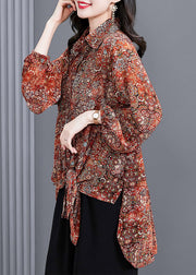 Women Red Peter Pan Collar Button Print Side Open Chiffon Shirt Tops Long sleeve