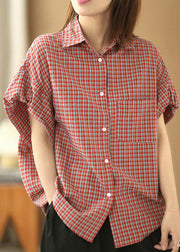 Women Red Peter Pan Collar Plaid Button Cotton Shirts Lantern Sleeve