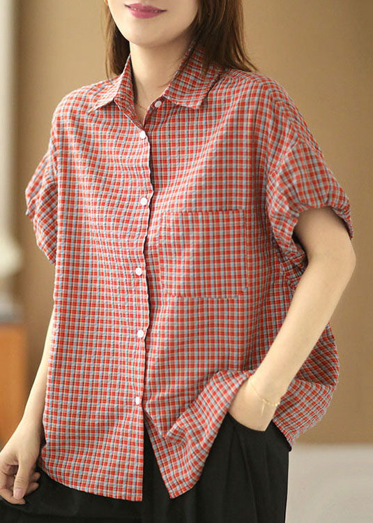 Women Red Peter Pan Collar Plaid Button Cotton Shirts Lantern Sleeve